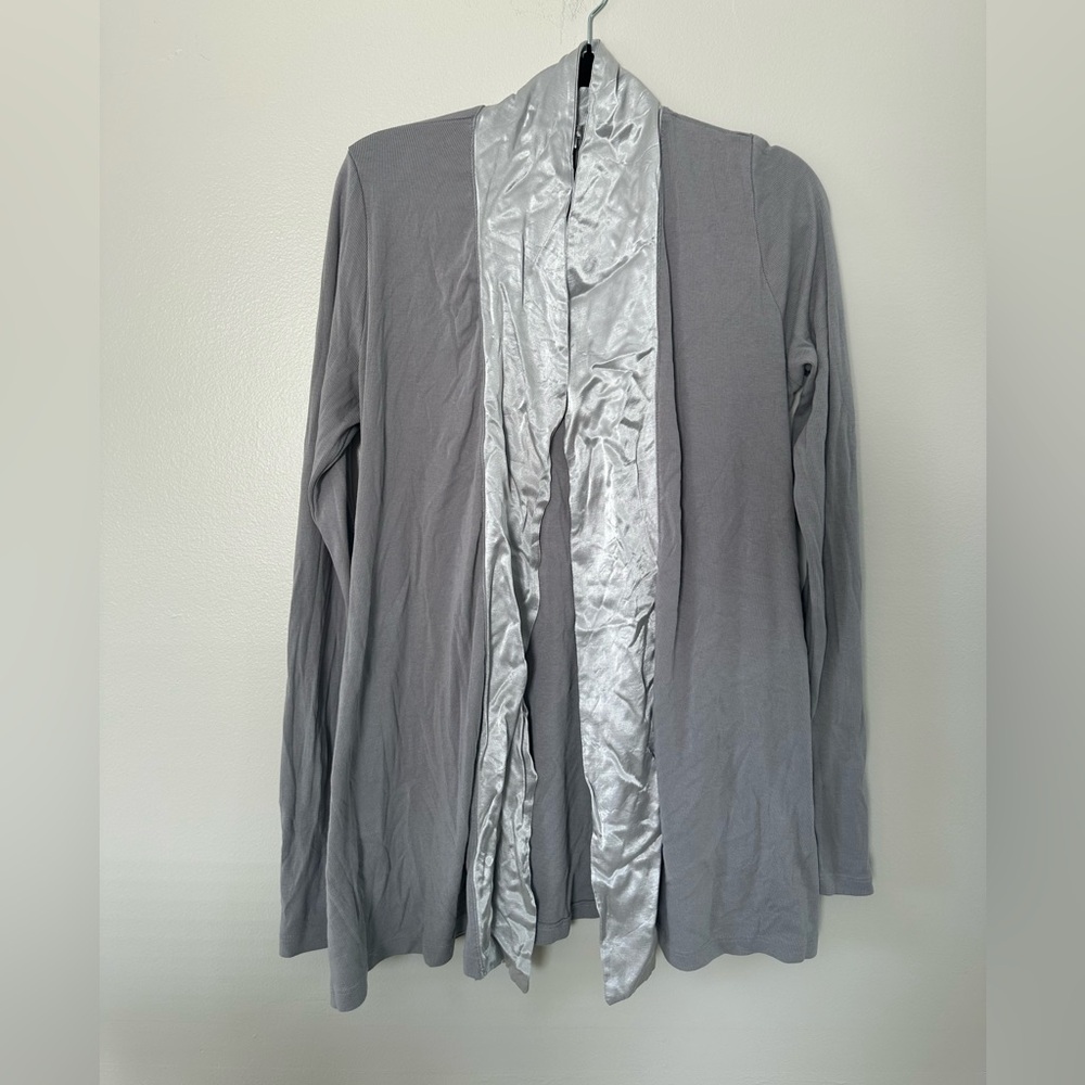 Pj Harlow Shelby Grey Satin Trim Open Front Cardigan Robe Pajama Jacket Size M